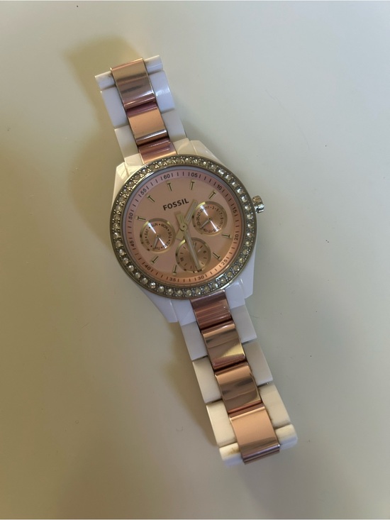 Fossil Accessories - Fossil Ladies Rose Gold and White Ceramic Crystal Bezel Watch